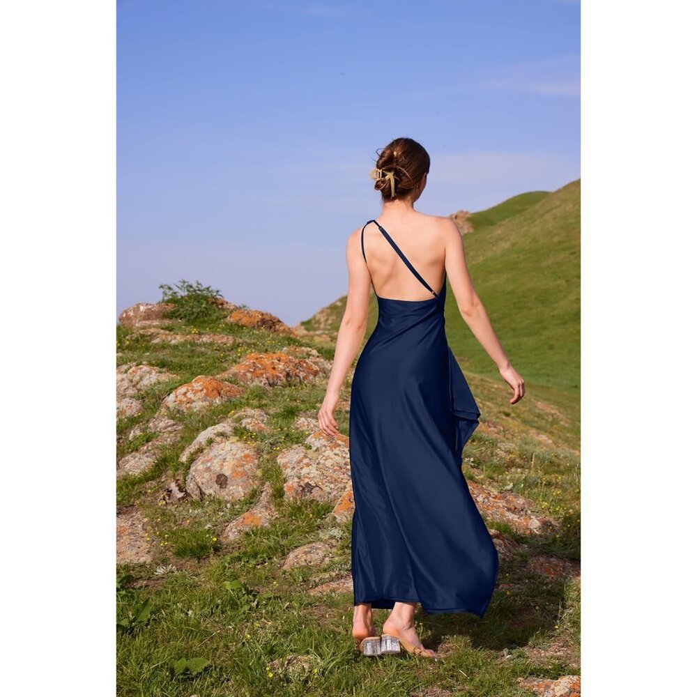 Women's Dark Navy One Shoulder High Split Cocktail Wedding Party Maxi Dress - Picture 5 of 6